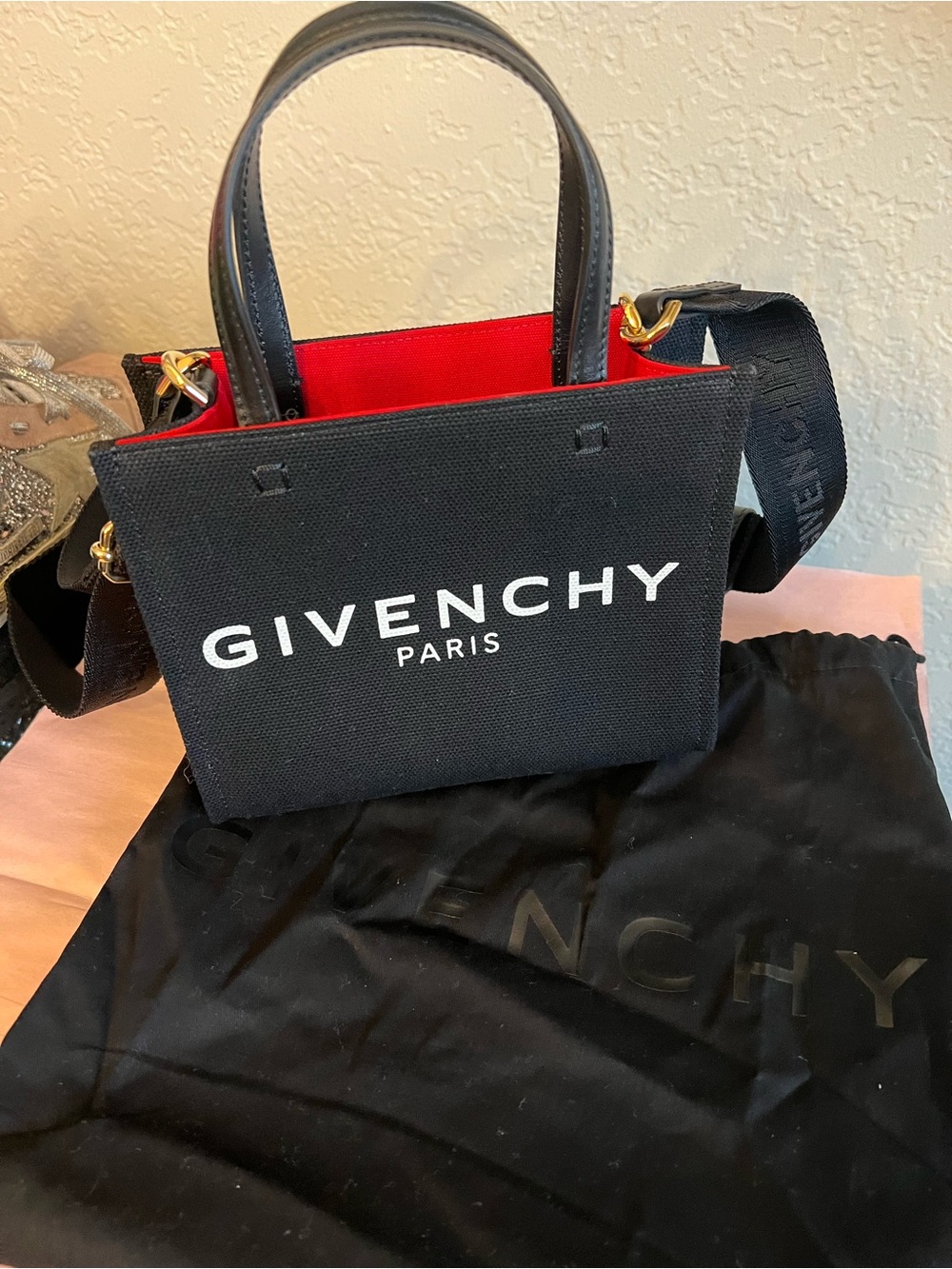 Givenchy Black Canvas Logo Mini Tote with Red Interior